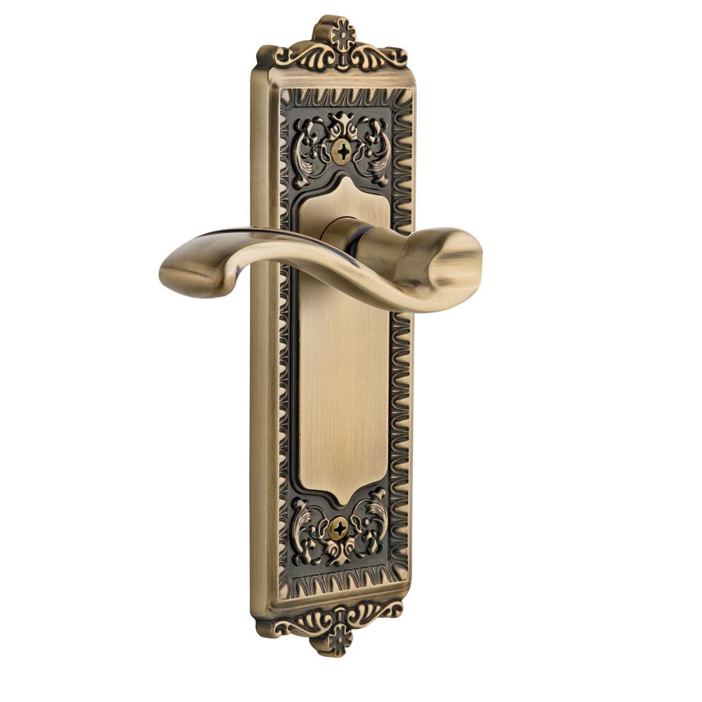 Grandeur by Nostalgic Warehouse WINPRT Privacy Knob - Windsor Plate with Portofino Lever in Vintage Brass